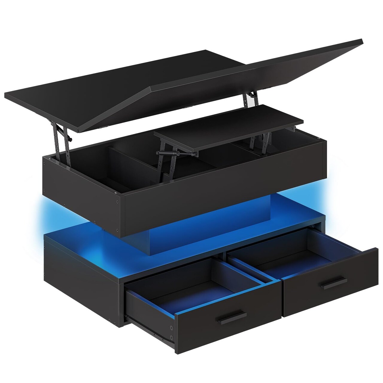 Coffee Table with Lift Top, LED Lights and Storage Shelves for Living Room